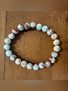 Handmade Light Blue and Red Jasper Beaded Stretch Bracelet